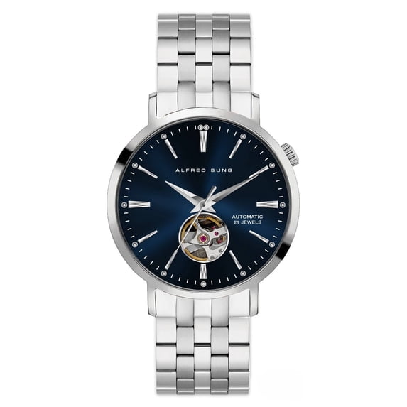Alfred Sung Men's Automatic V Silver Open Heart Blue Dial Link Watch