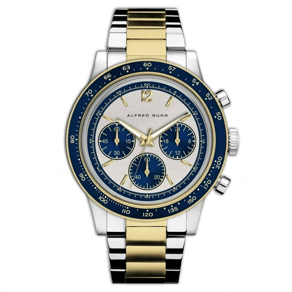 Alfred Sung Men's Chronograph II Silver Blue Subdials Link Watch