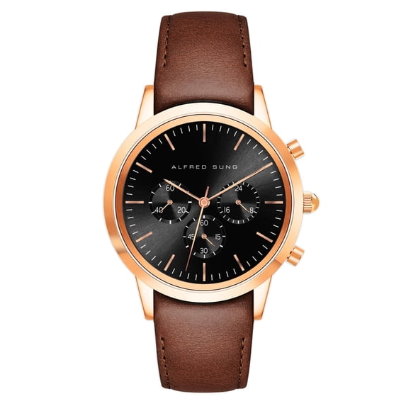 Alfred Sung Men's Chronograph Rose Gold Black Dial Leather Watch