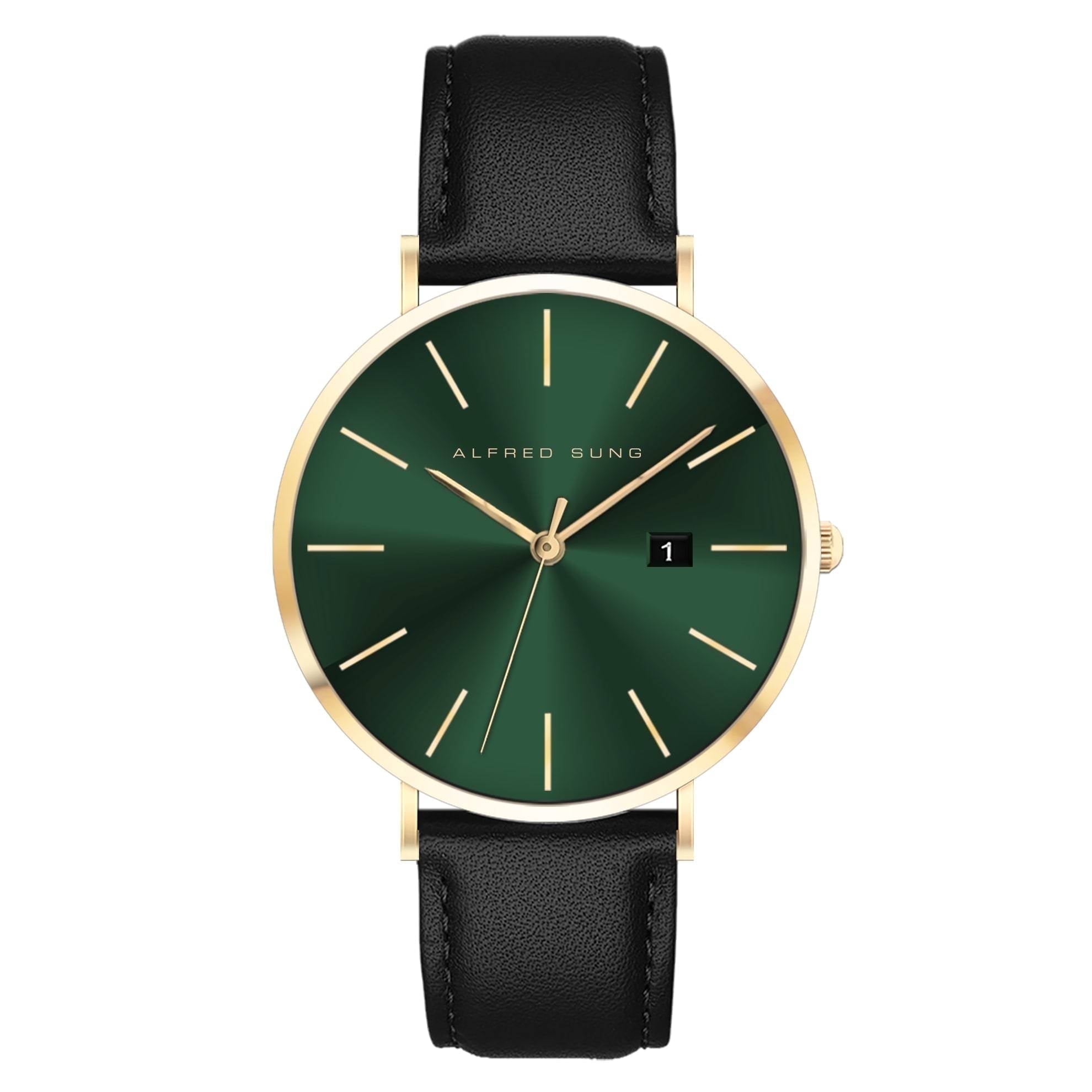 ALFRED SUNG Men's Metropolitan Gold Date Green Dial Leather Watch