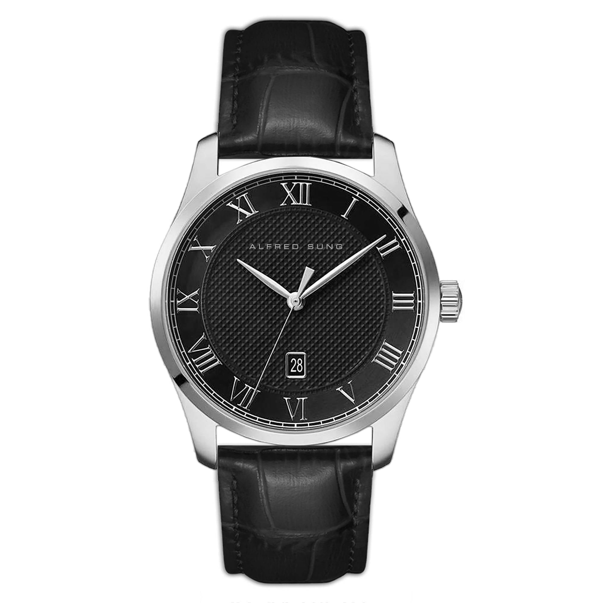 ALFRED SUNG Winslow Date Black dial Black Leather Strap Men's Watch