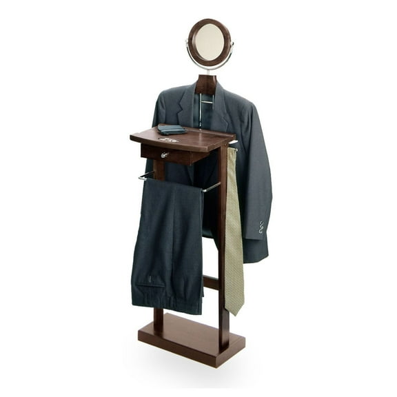 Alfred Valet Stand; Suit Organizer; Espresso Finish; Clothes Rack with Mirror, Drawer & Shoe Base