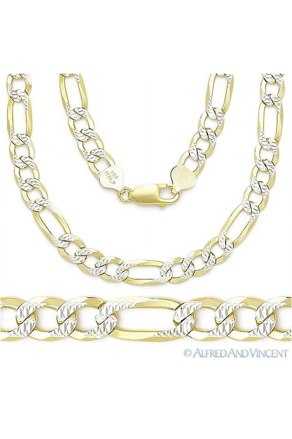 6.8mm Figaro D-Cut Pave Link Chain Necklace, .925 Sterling Silver, 14k Yellow Gold