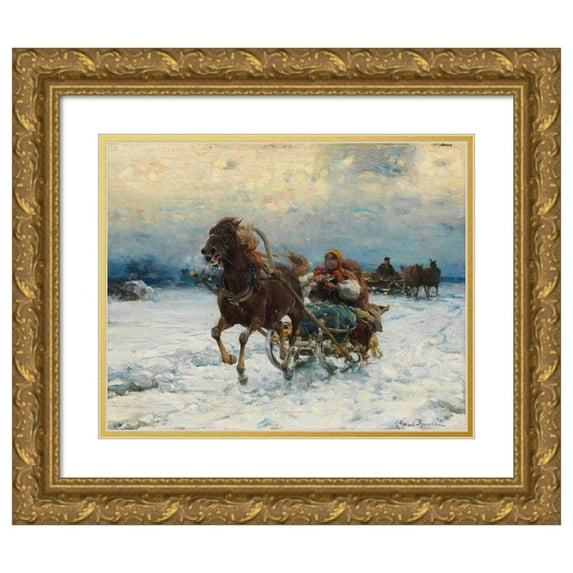 Alfred Von Wierusz-Kowalski 14x12 Gold Ornate Wood Frame and Double Matted Museum Art Print Titled - Happy Sleigh Ride (1910)