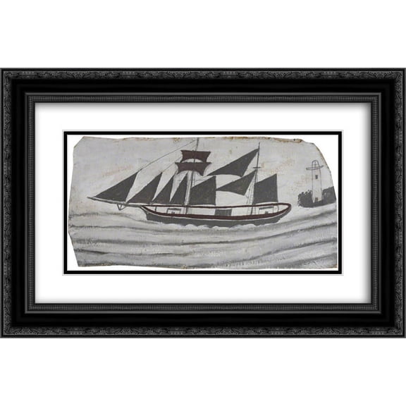 Alfred Wallis 2x Matted 24x16 Black Ornate Framed Art Print 'Schooner in Full Sail near a Lighthouse '