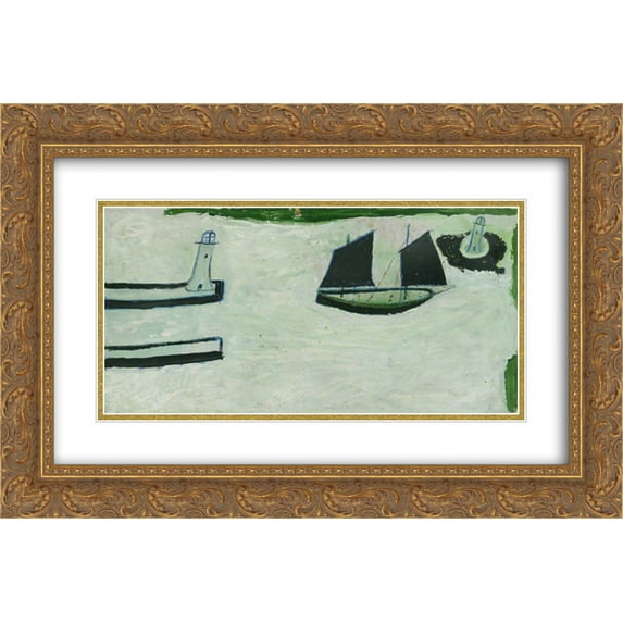 Alfred Wallis 2x Matted 24x16 Gold Ornate Framed Art Print 'Fishing Boat Between Two Lighthouses'