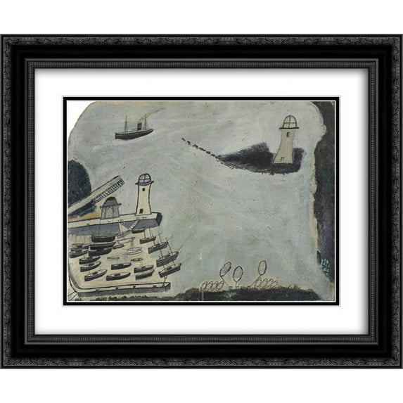 Alfred Wallis 2x Matted 24x20 Black Ornate Framed Art Print 'Harbour with Two Lighthouses and Motor Vessel, St Ives Bay '