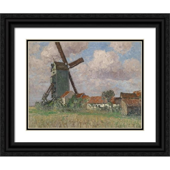 Alfred Zoff 24x19 Black Ornate Framed Double Matted Museum Art Print Titled: Windmill and Village in Belgium