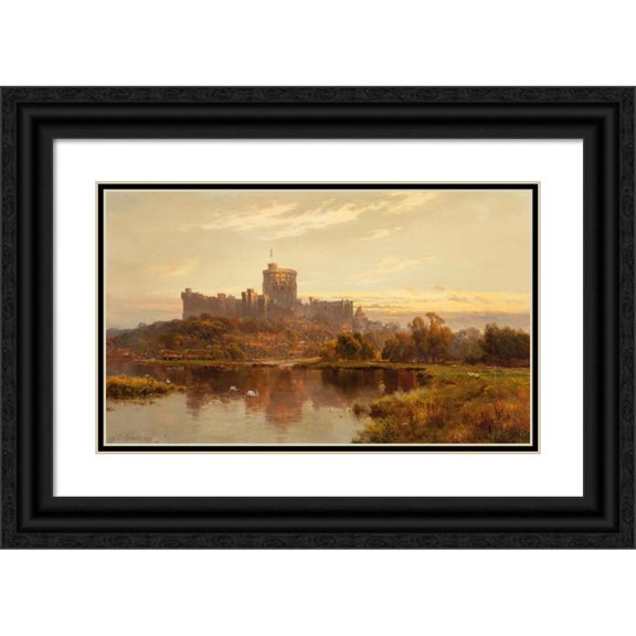 Alfred de Bréanski 24x16 Black Ornate Framed Double Matted Museum Art Print Titled: Windsor Castle at Sunset (1897)