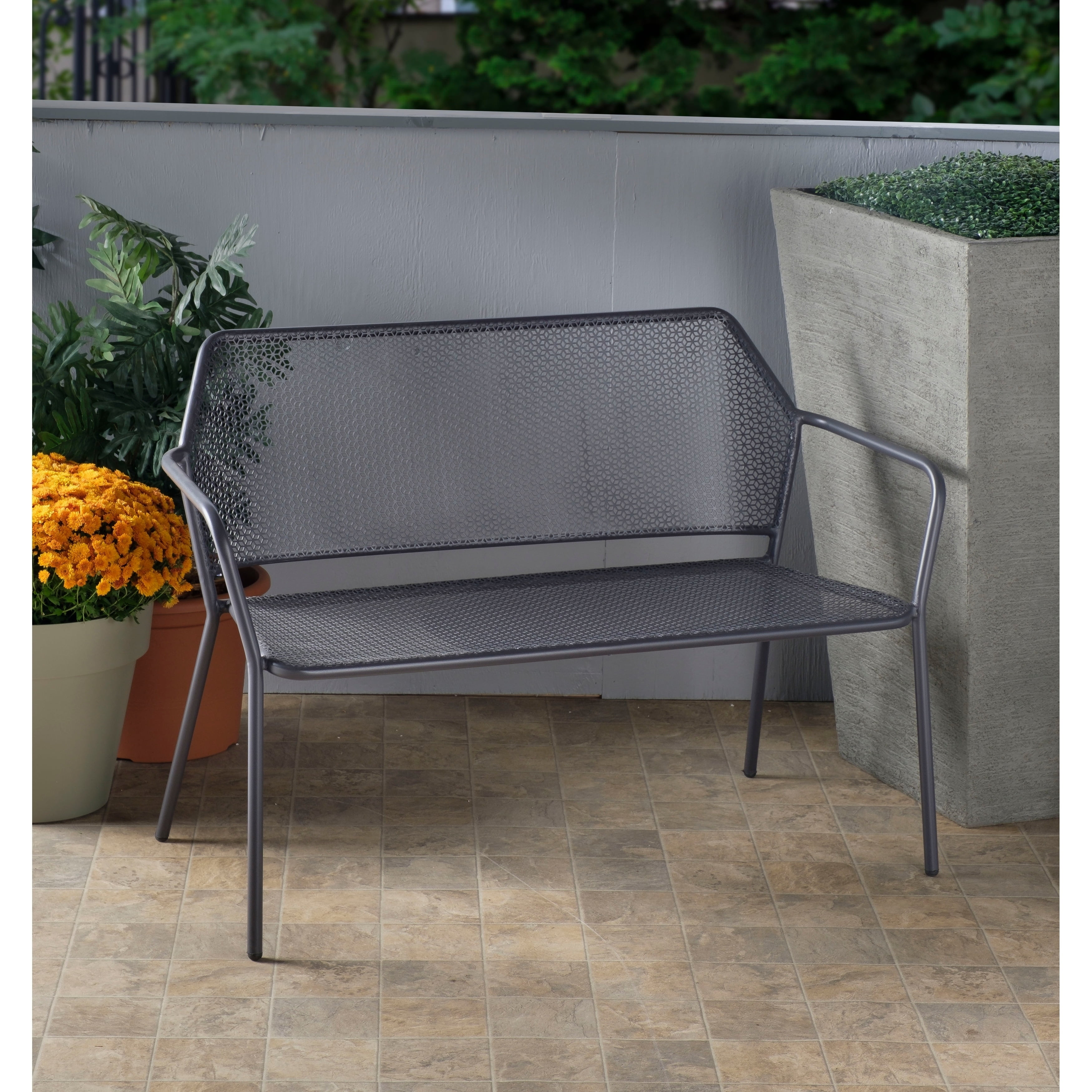 Gray Iron Outdoor Patio Bench with Mesh Design