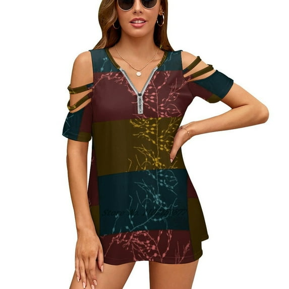 Algae Multicolor Woman Tshirts Printed Tops Zipper V-Neck Top Fashion Graphic T Shirt Algae Botanicals Nature Multi Color