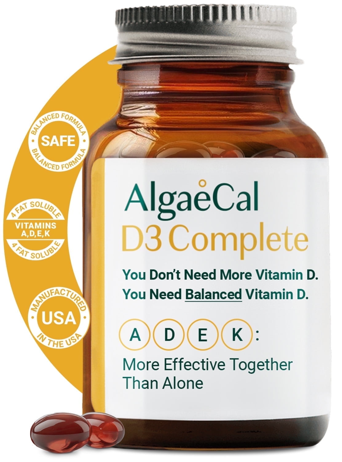 AlgaeCal D3 Complete - Vitamin D3 + Vitamin K2, Vitamin E, and Vitamin A, 60 Softgels