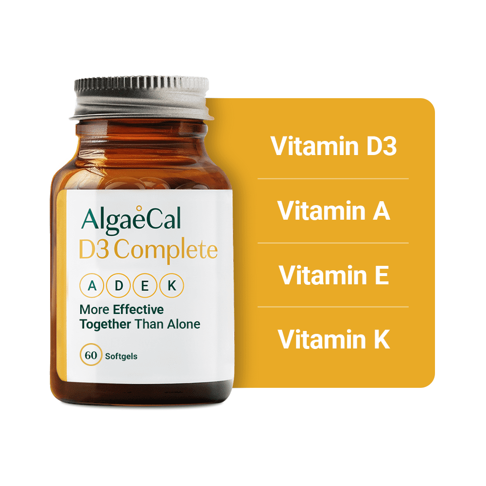 AlgaeCal D3 Complete - Vitamin D3 + Vitamin K2, Vitamin E, and Vitamin A, 60 Softgels