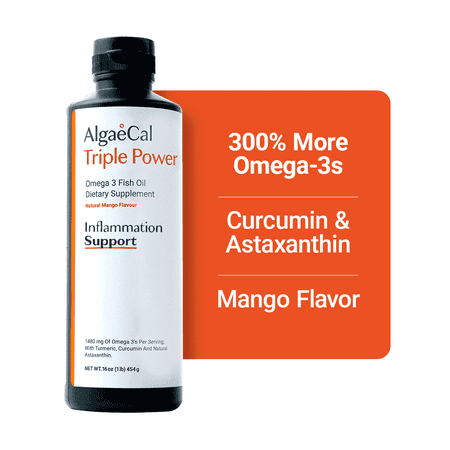 AlgaeCal Triple Power Fish Oil - Liquid Omega-3 Fish Oil for Brain, Heart, Skin & Bone Health, Mango Flavor, 16 oz