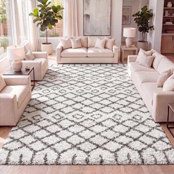 JONATHAN Y LONDON SHAG 8 x 10 Area Rug, Algaida Moroccan Diamond - Beige/Dark Gray, SHG104A-8