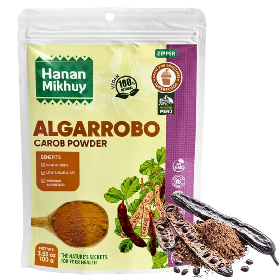 Algarrobo Carob Powder 100% Natural  Gluten-Free, Vegan, Non-GMO, High-Fiber Superfood from Peru Caffeine-Free & Sugar-Free - Great for Smoothies, Baking & Recipes - 3.53oz (100g)