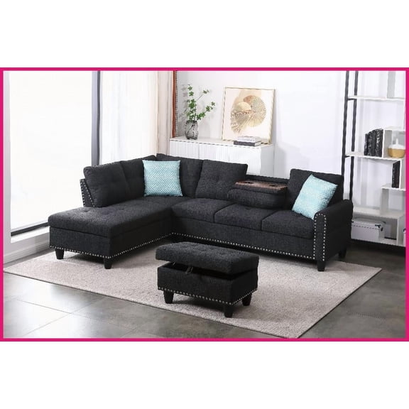 Alger 98” Wide Left-Facing L-Shaped Sofa & Chaise with Storage Ottoman – Linen Blend, Modern Traditional Style for Small Spaces