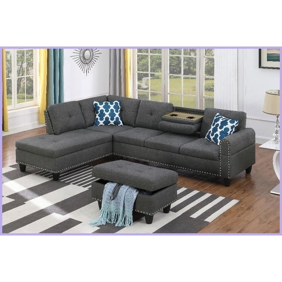 Alger 98” Wide Left-Hand Facing L-Shaped Linen Blend Sofa & Chaise with Storage Ottoman – Modern Traditional Style for Small Spaces