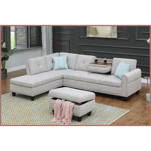 Alger 98'' Wide Left Hand Facing Linen Blend Sofa & Chaise with Storage Ottoman – Modern Traditional Living Room Sectional