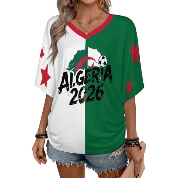 Algeria 2026 Women's Soccer Fan V-Neck T-Shirt - Country Pride Graphic Short Sleeve Tee