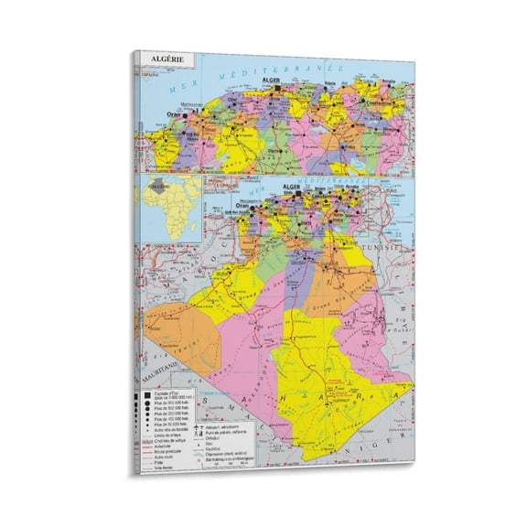 Algeria Map Posters Canvas Wall Art Prints Poster Gifts Photo Picture Painting Posters Room Decor Home Decorative 24x36inch(60x90cm)