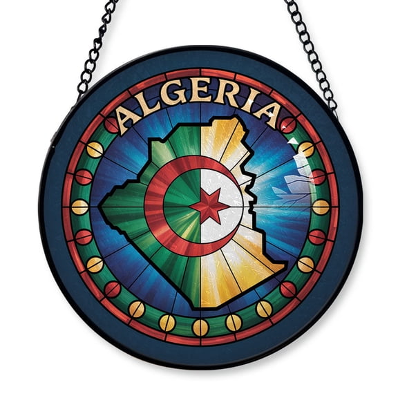 Algeria Travel Decor Suncatcher Stained Glass Window Hanging, Gift for Traveller, Collection of Country Travel Souvenirs for Family and Friends, Algeria Map and Flag Décor