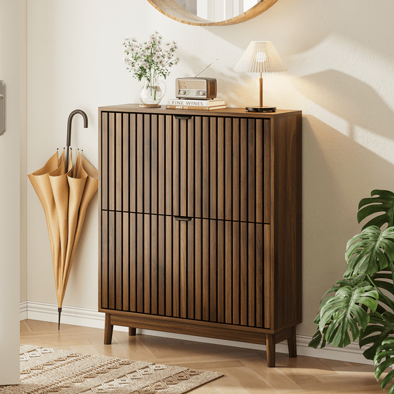 Algherohein 16-20 Pairs Shoe Storage Cabinet with Flip-Down Drawers,Freestanding Entryway Slim Shoe Cabinet, Walnut