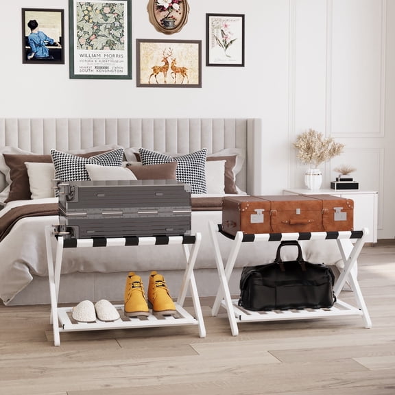 Algherohein 2 Piece Bamboo Folding Luggage Rack Suitcase Stand with Shelf for Guest Room,White