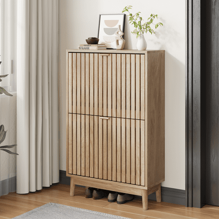 Algherohein 23.6"W Entryway Shoe Cabinet with Flip-Down Drawers, Freestanding Wooden Shoe Storage Cabinet, Oak