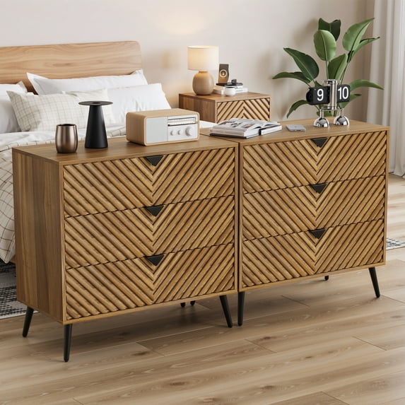 Algherohein 3 Drawer Storage Cabinet, Room Organizer Furniture Wooden Drawer Chest for Bedroom,Living Room,Walnut 2Pack