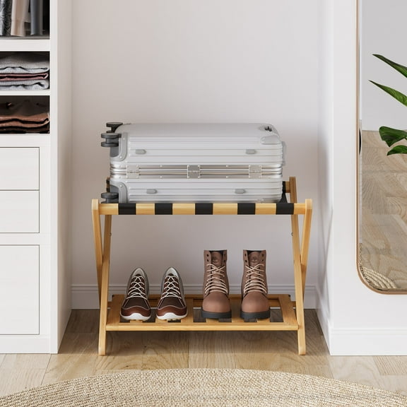 Algherohein Bamboo Folding Luggage Rack Suitcase Stand with Shelf for Guest Room & Bedroom,Natural