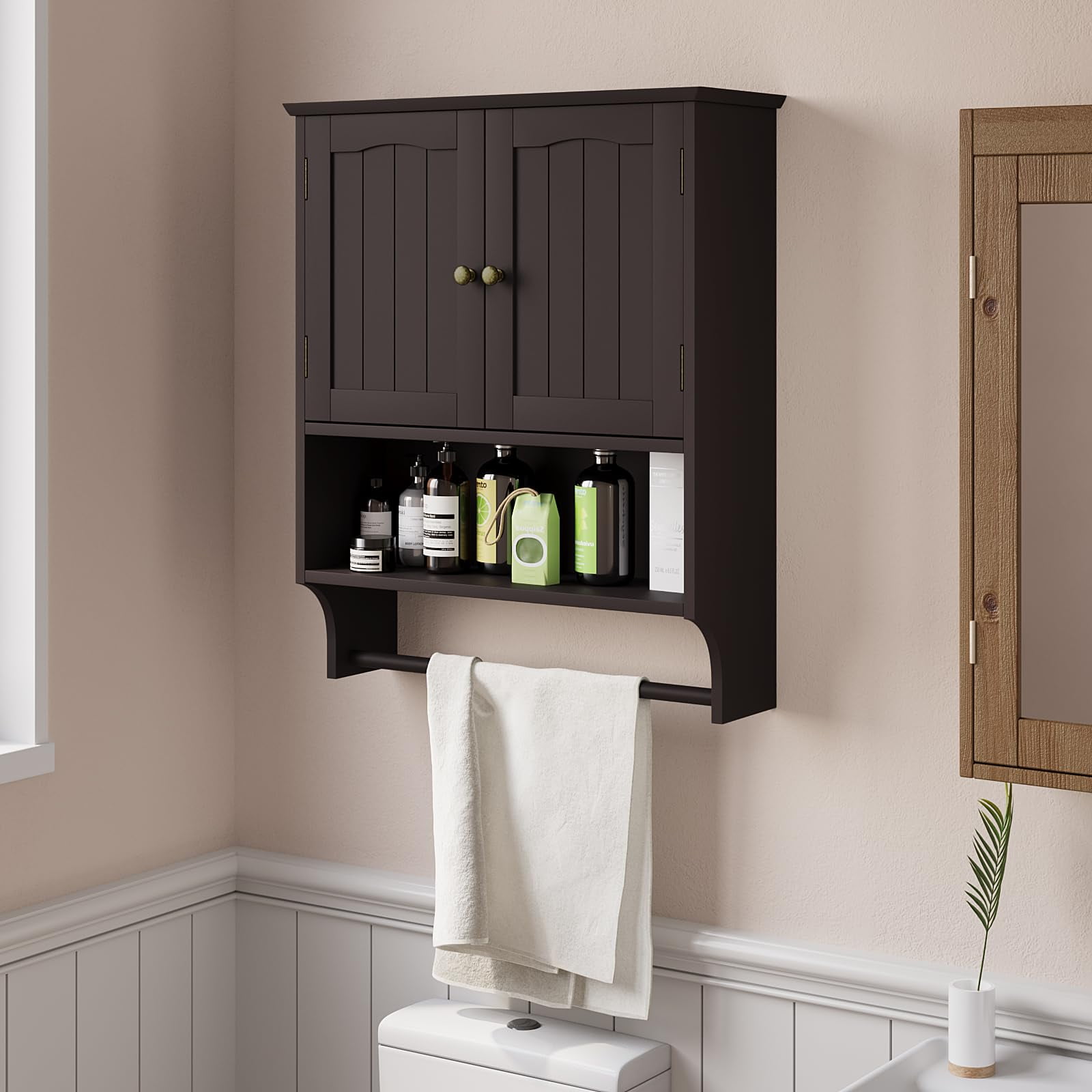 Algherohein Bathroom Medicine Cabinet with Shelf and Towels Bar,over the Toilet Cabinet,Brown Large