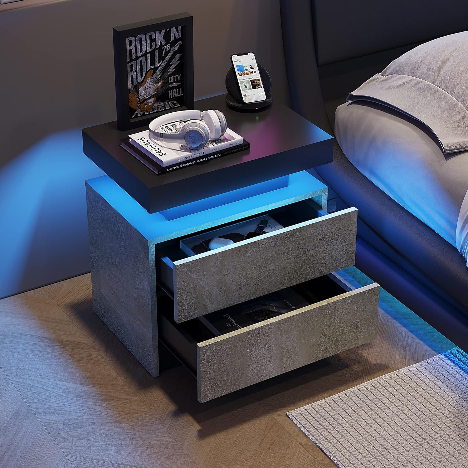 Algherohein Bedroom LED Nightstand Set of 2 with 2 Drawers,Side Tables for Living Room,Gray