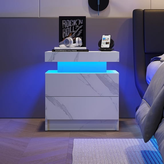 Algherohein Bedroom LED Nightstand with 2 Drawers,End Tables Side Tables for Living Room,White Stone