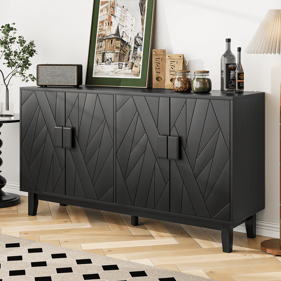 Algherohein Black Buffet Cabinet with Adjustable Shelves and 4 Doors,Kitchen Sideboards and Buffets