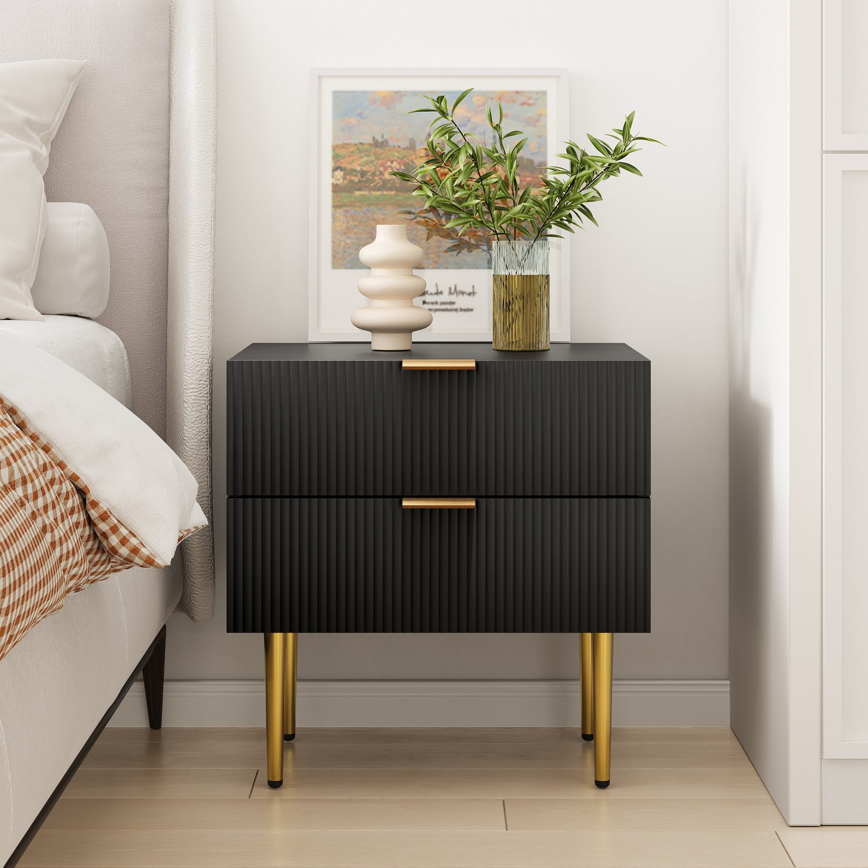 Black Fluted 2-Drawer Nightstand with Gold Accents