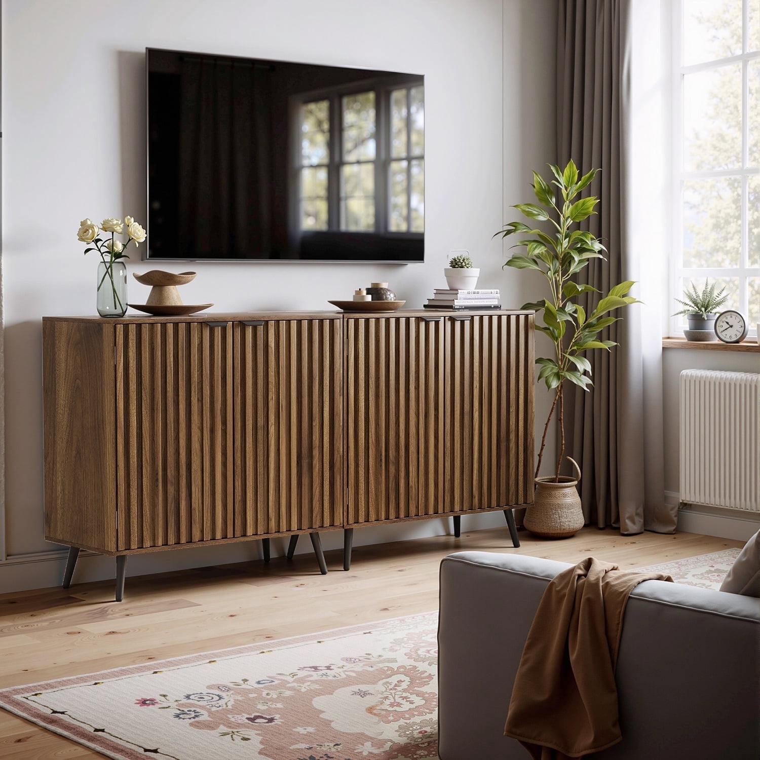 Algherohein Modern Sideboard and Buffets with 1 Storage Shelf,Entryway Fluted Cabinet with Doors,2 Pack