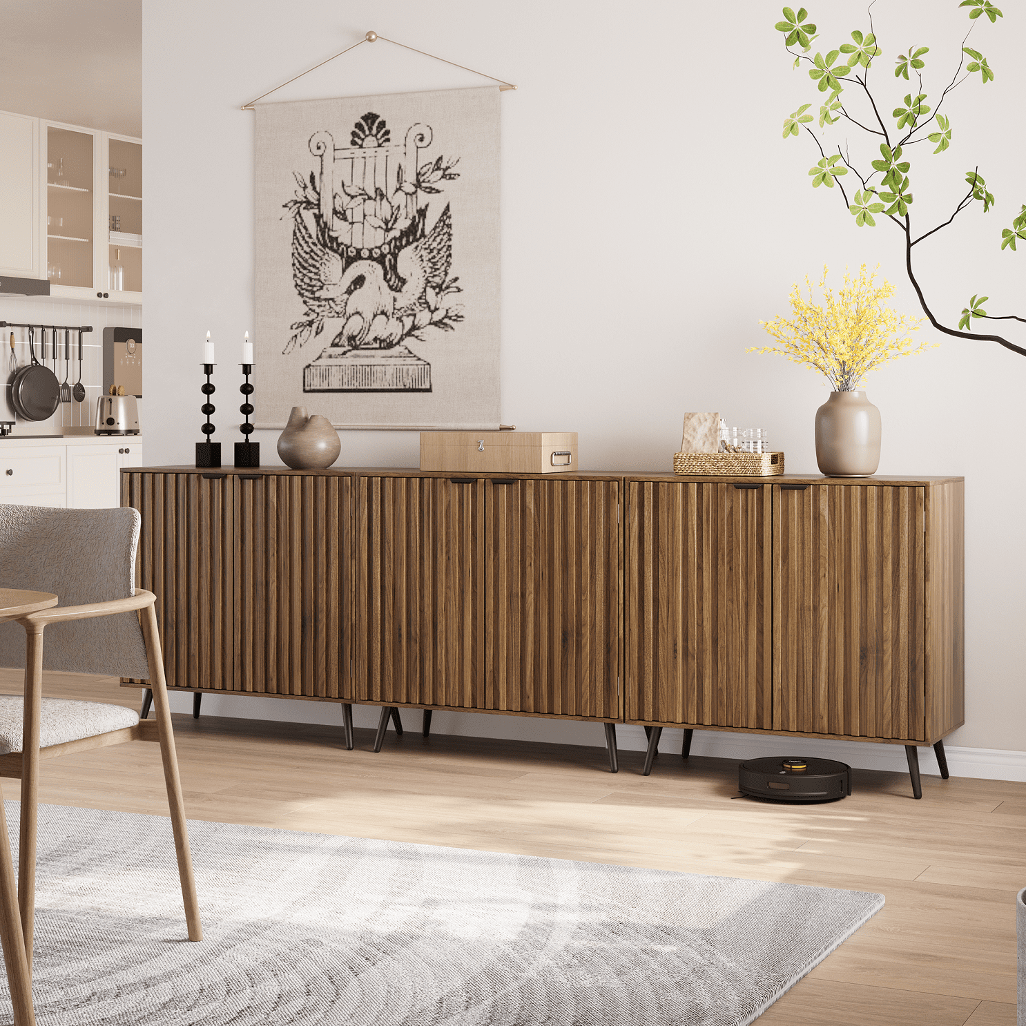 Algherohein Modern Sideboard and Buffets with 1 Storage Shelf,Entryway Fluted Cabinet with Doors,3 Pack