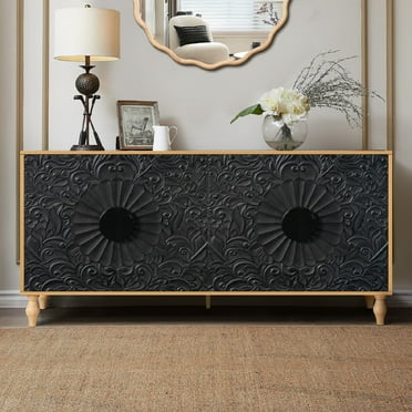 Algherohein Carved Design Storage Cabinets with Doors and Shelves,Indoor Cabinet Organizer,Black