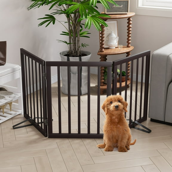 Algherohein Dog Gate for Inside,Bamboo Freestanding Pet Gate for Doorways,24" Brown