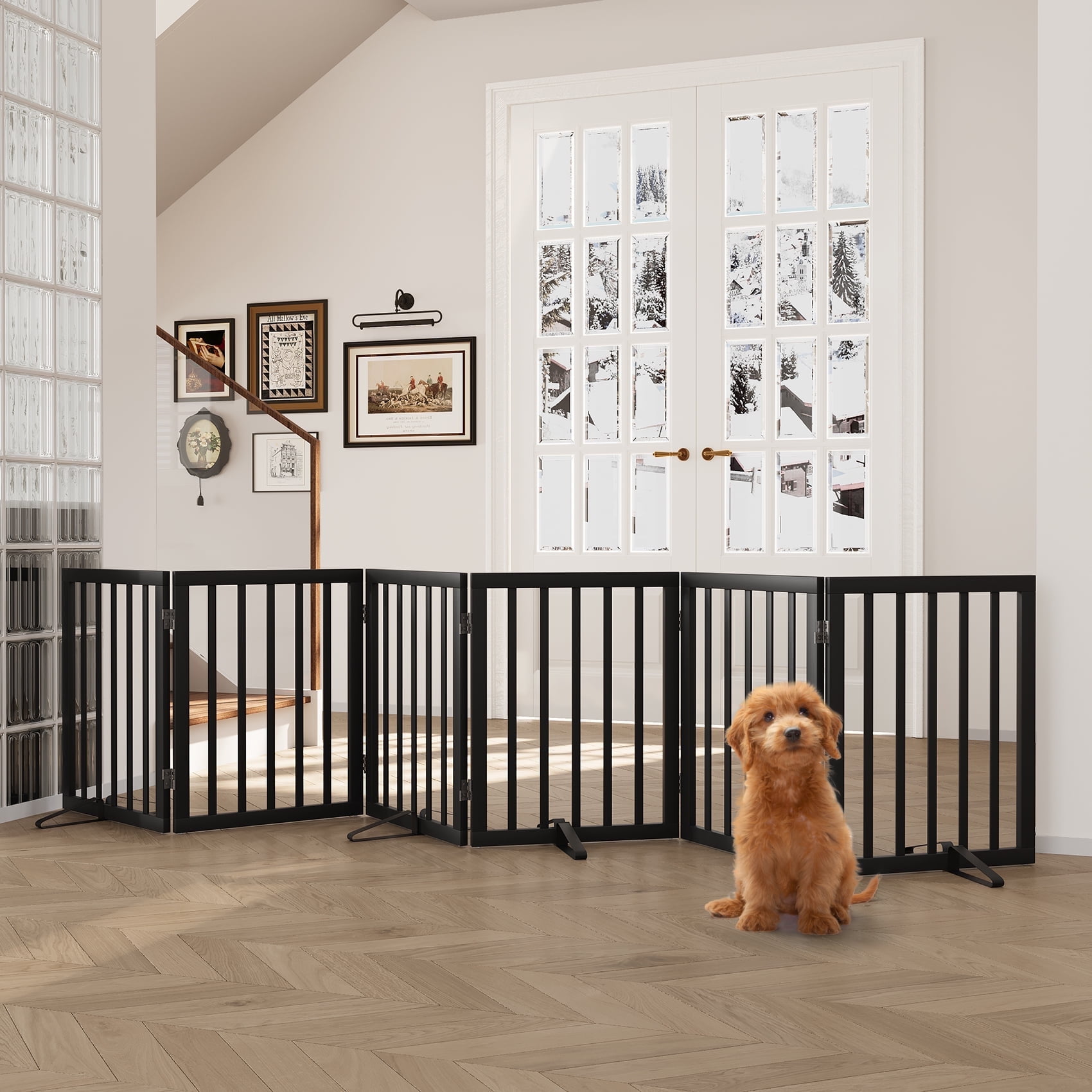 Algherohein Dog Gate for Inside,Bamboo Freestanding Pet Gate for Doorways,Indoor, 24" Black