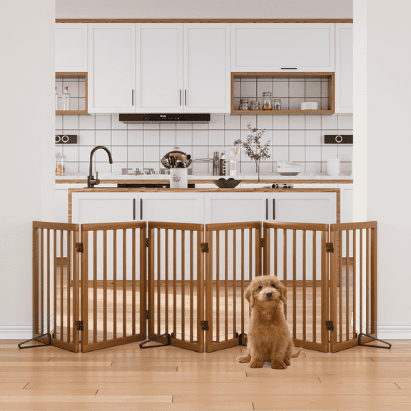 Algherohein Dog Gate for Inside,Bamboo Freestanding Pet Gate for Doorways,Indoor, 24" Walnut