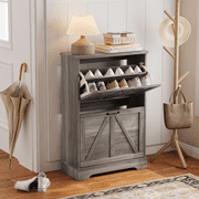 Algherohein Farmhouse Shoe Cabinet Entryway,Shoe Storage Cabinet with 2 Flip Drawers,Gray
