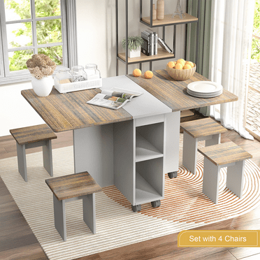 Algherohein Foldable Dinning Table Set for 4,Kitchen Dining Room Table with Storage and 6 Wheels,Brown