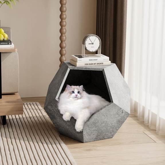 Algherohein Indoor Cat House Pet End Table,Wood Cat Bed Furniture for Living Room Bedroom,Gray