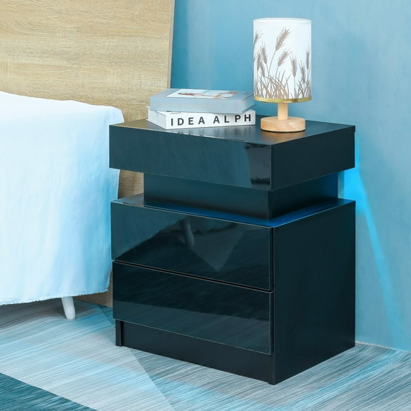 Algherohein LED Nightstand Set of 2 with 2 Drawers and Storage Box,Living Room Wood Side Table,Black