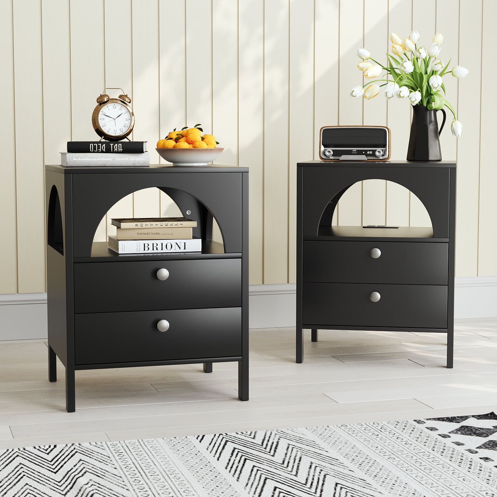 Algherohein LED Nightstand Set of 2 with Charging Station,2 Drawers Bedside Table,Bedroom,Black,Adult