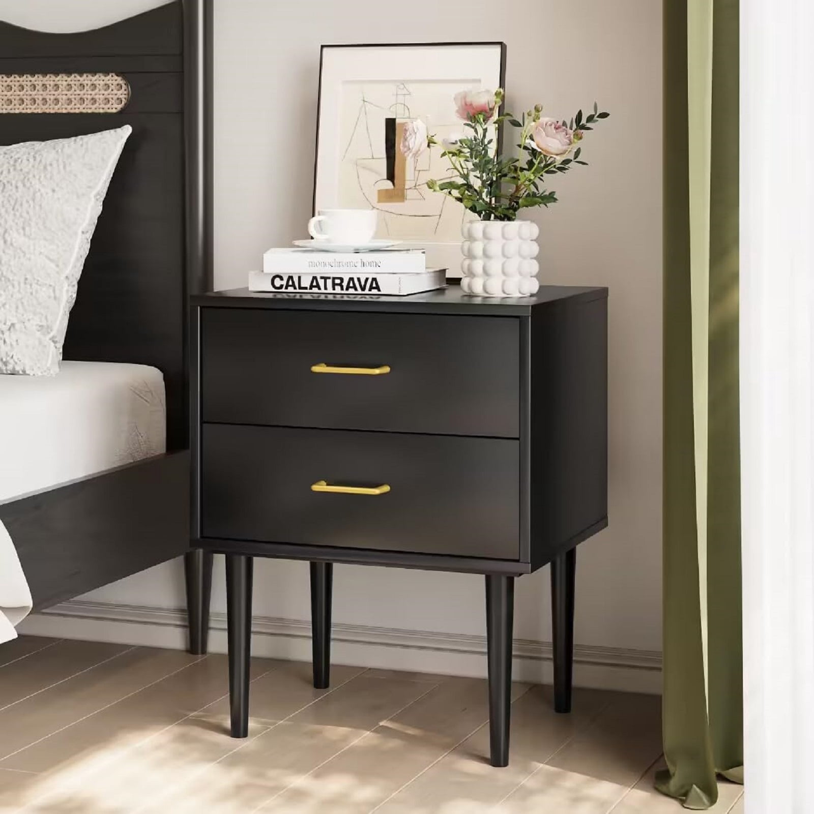 Algherohein Modern 2 Drawer Nightstand,Bedside Table Night Stand for Bedroom,Black,Sturdy,Wood,Adult