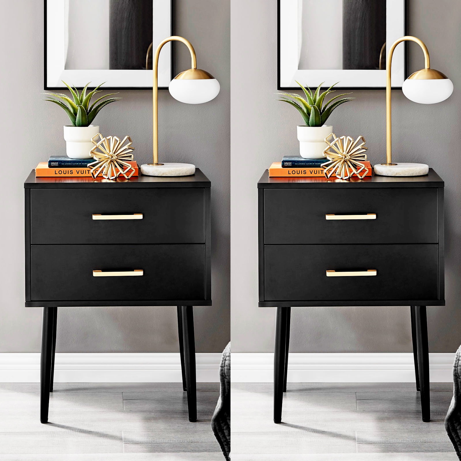 Algherohein Modern 2 Drawers Nightstand Set of 2 Bedside Tables for Bedroom in Black Finish Adult