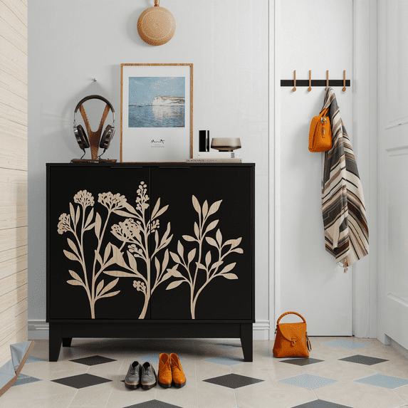 Algherohein Modern Carved Buffet Cabinet,Kitchen Storage Cabinets,Black